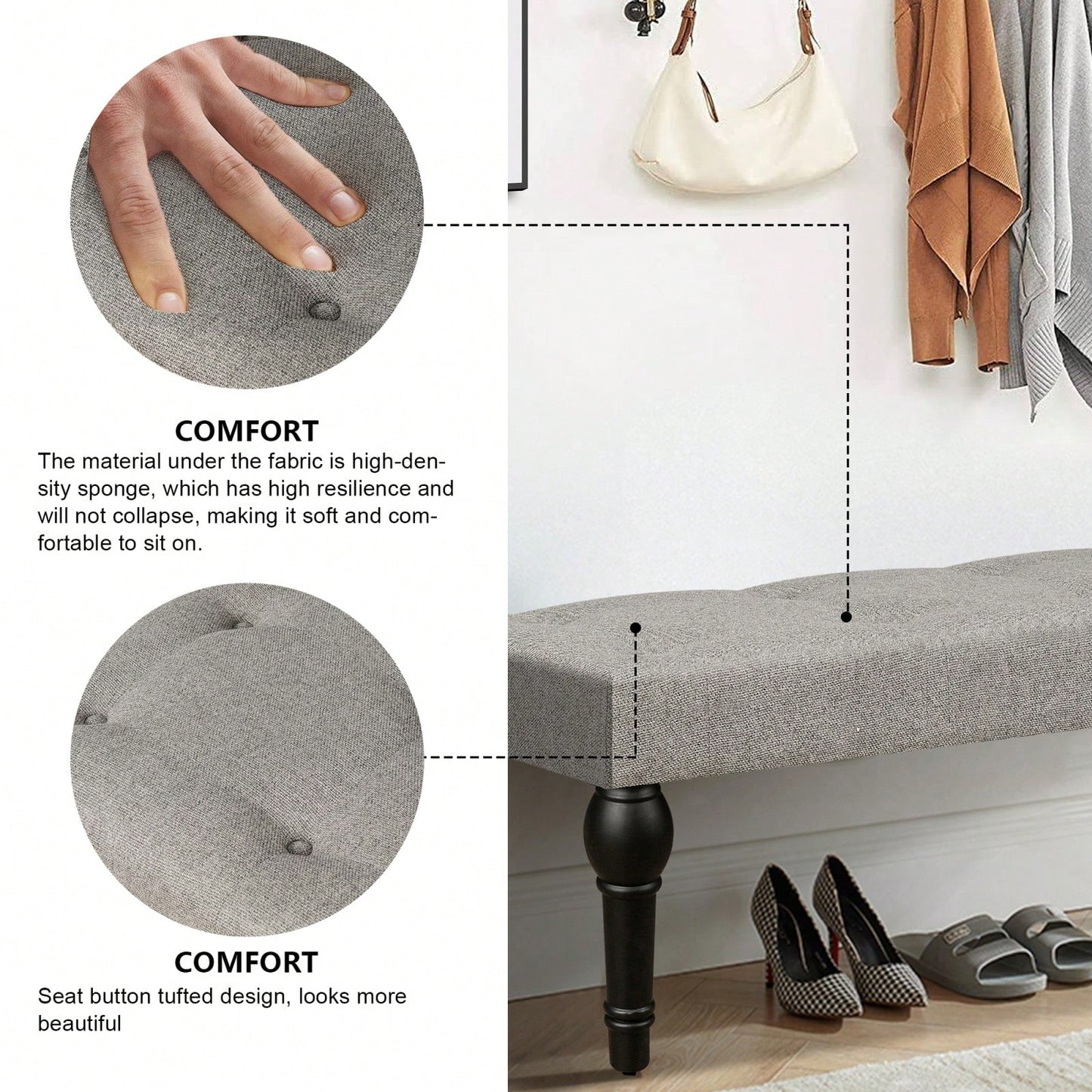 Ottoman Bench 4-Thickened Roman Column Feet French Upholstered Bedside Bench For Bedroom Living Room Entryway