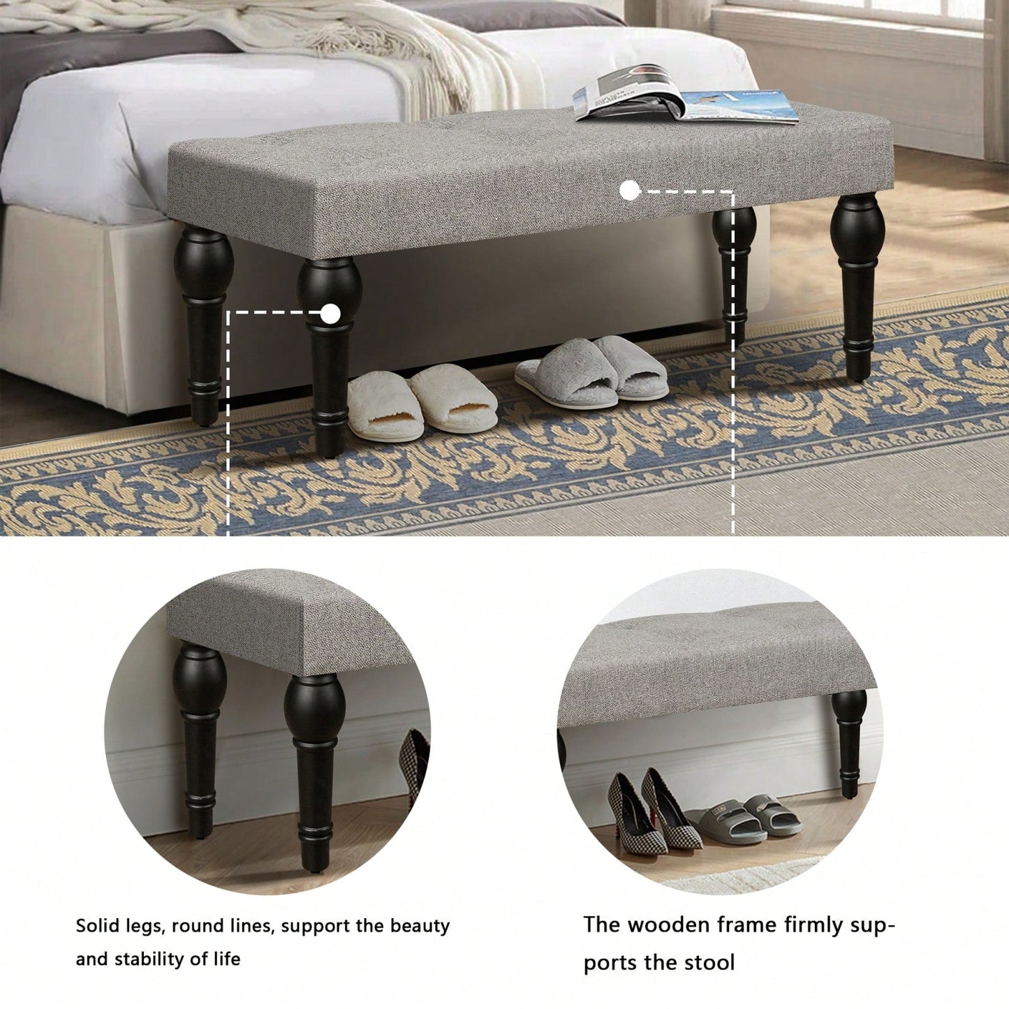 Ottoman Bench 4-Thickened Roman Column Feet French Upholstered Bedside Bench For Bedroom Living Room Entryway