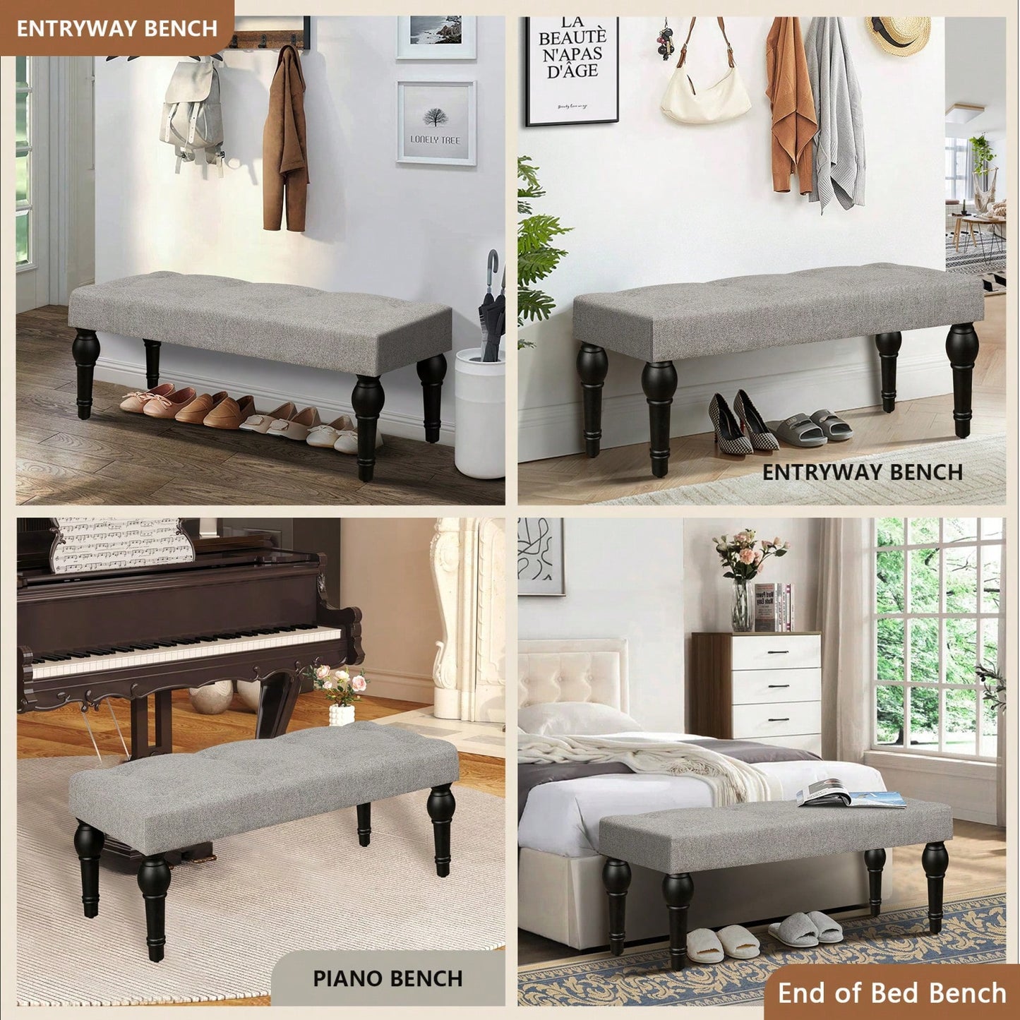 Ottoman Bench 4-Thickened Roman Column Feet French Upholstered Bedside Bench For Bedroom Living Room Entryway