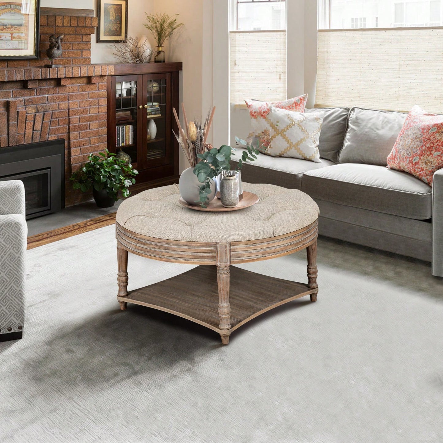 Oversized Button Tufted Round Ottoman Coffee Table with Wooden Shelf Storage for Living Room Farmhouse Style