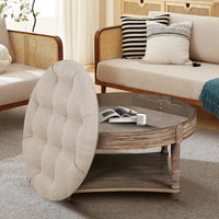 Oversized Button Tufted Round Ottoman Coffee Table with Wooden Shelf Storage for Living Room Farmhouse Style