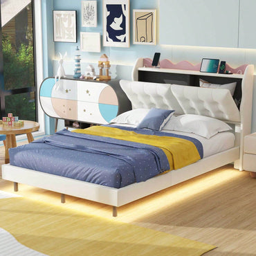 Modern Upholstered Full Size Platform Bed Frame with Storage Headboard LED Lights USB Ports Under Bed Lighting No Box Spring Required