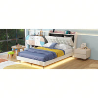 Modern Upholstered Full Size Platform Bed Frame with Storage Headboard LED Lights USB Ports Under Bed Lighting No Box Spring Required