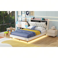 Modern Upholstered Full Size Platform Bed Frame with Storage Headboard LED Lights USB Ports Under Bed Lighting No Box Spring Required