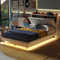 Modern Upholstered Full Size Platform Bed Frame with Storage Headboard LED Lights USB Ports Under Bed Lighting No Box Spring Required