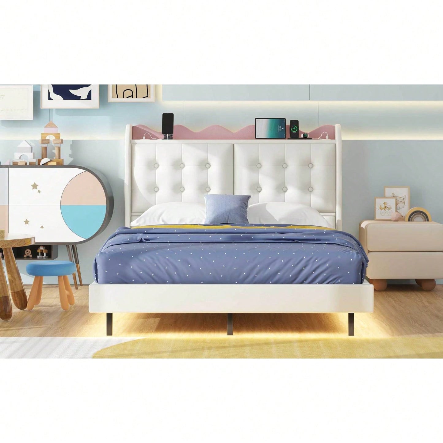 Modern Upholstered Full Size Platform Bed Frame with Storage Headboard LED Lights USB Ports Under Bed Lighting No Box Spring Required