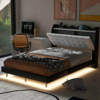 Modern Upholstered Full Size Platform Bed Frame with Storage Headboard LED Lights USB Ports Under Bed Lighting No Box Spring Required