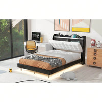 Modern Upholstered Full Size Platform Bed Frame with Storage Headboard LED Lights USB Ports Under Bed Lighting No Box Spring Required