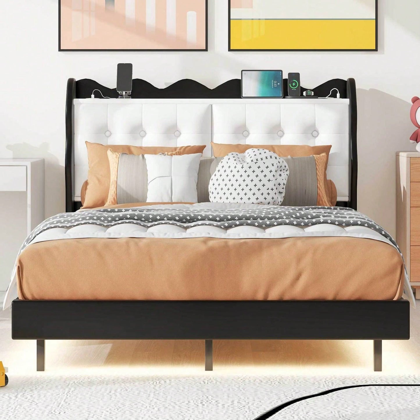 Modern Upholstered Full Size Platform Bed Frame with Storage Headboard LED Lights USB Ports Under Bed Lighting No Box Spring Required