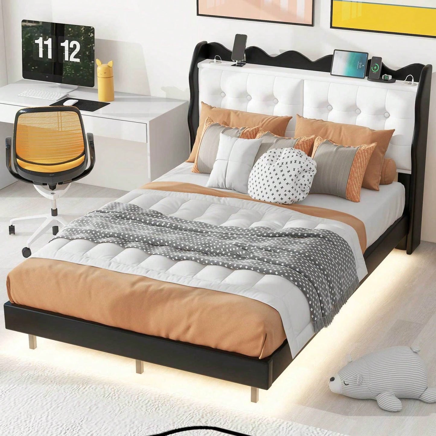 Modern Upholstered Full Size Platform Bed Frame with Storage Headboard LED Lights USB Ports Under Bed Lighting No Box Spring Required