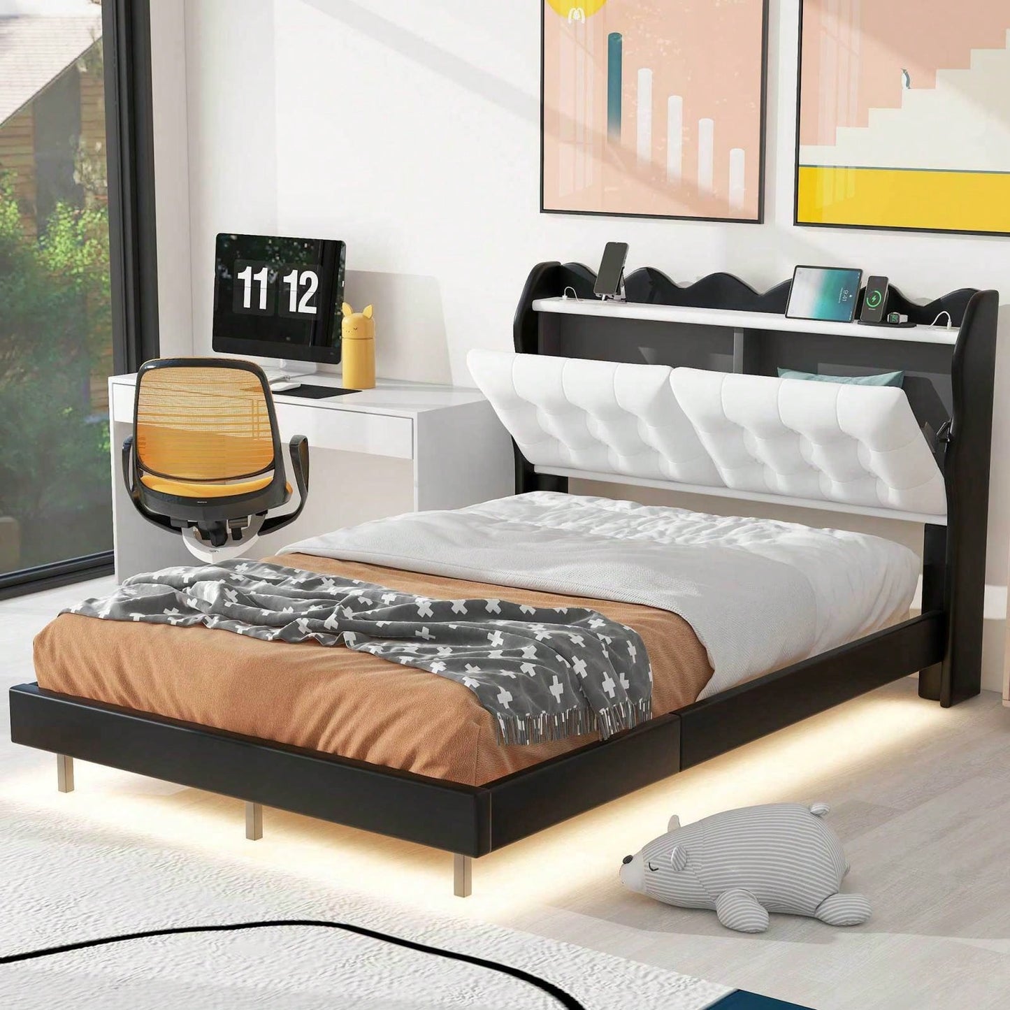 Modern Upholstered Full Size Platform Bed Frame with Storage Headboard LED Lights USB Ports Under Bed Lighting No Box Spring Required