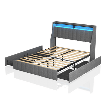 Full Size Platform Bed Frame With Storage Drawers & RGB LED Lights, Upholstered Bed With Wings Headboard And Two Tier Shelves, Easy Assembly