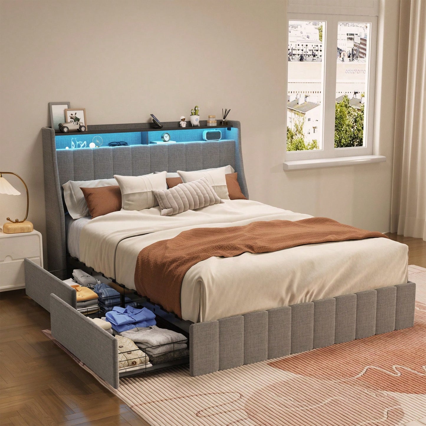 Full Size Platform Bed Frame With Storage Drawers & RGB LED Lights, Upholstered Bed With Wings Headboard And Two Tier Shelves, Easy Assembly