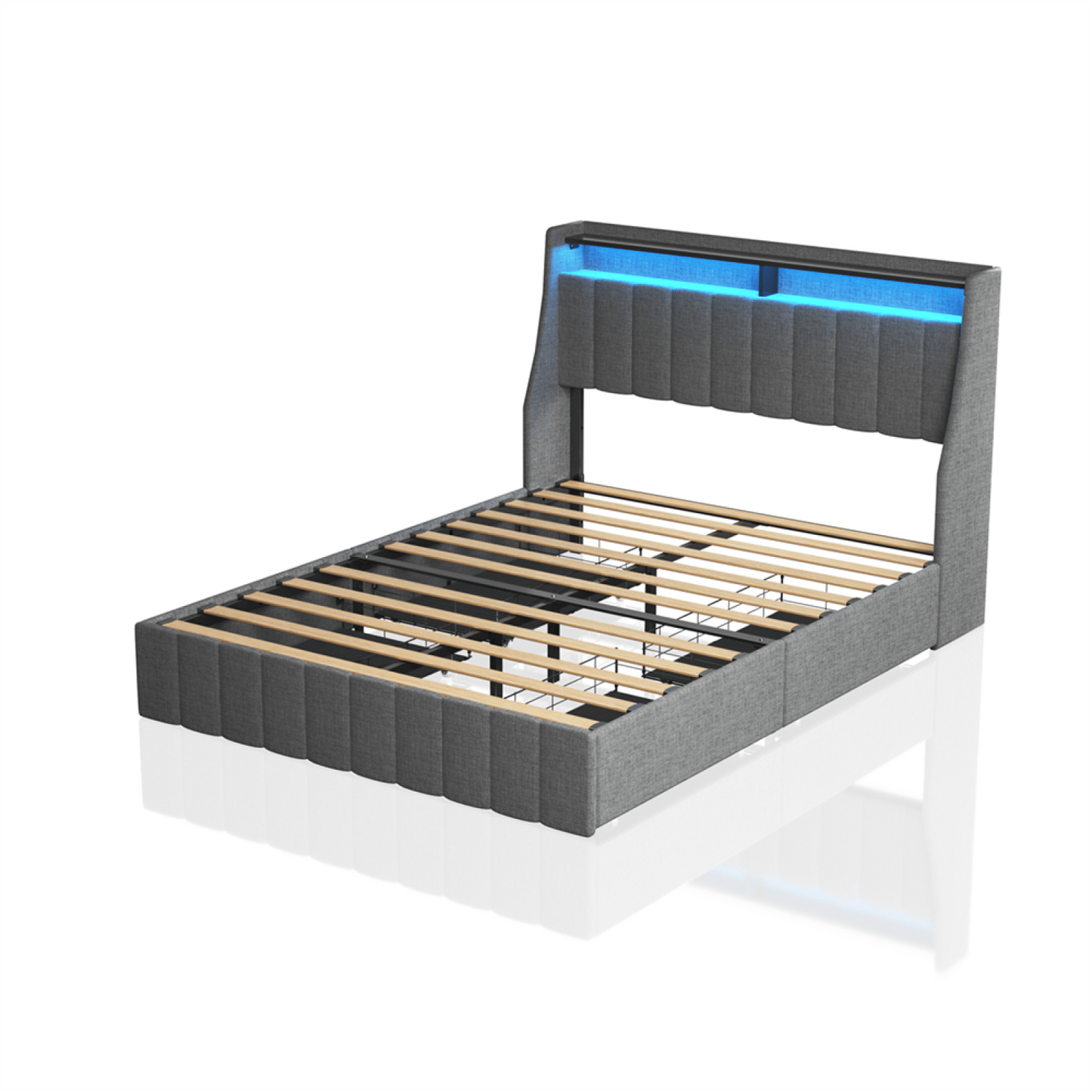 Full Size Platform Bed Frame With Storage Drawers & RGB LED Lights, Upholstered Bed With Wings Headboard And Two Tier Shelves, Easy Assembly