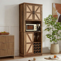 Farmhouse Style Faux Rattan Wine and Bar Cabinet with Barn Doors and Microwave Shelves