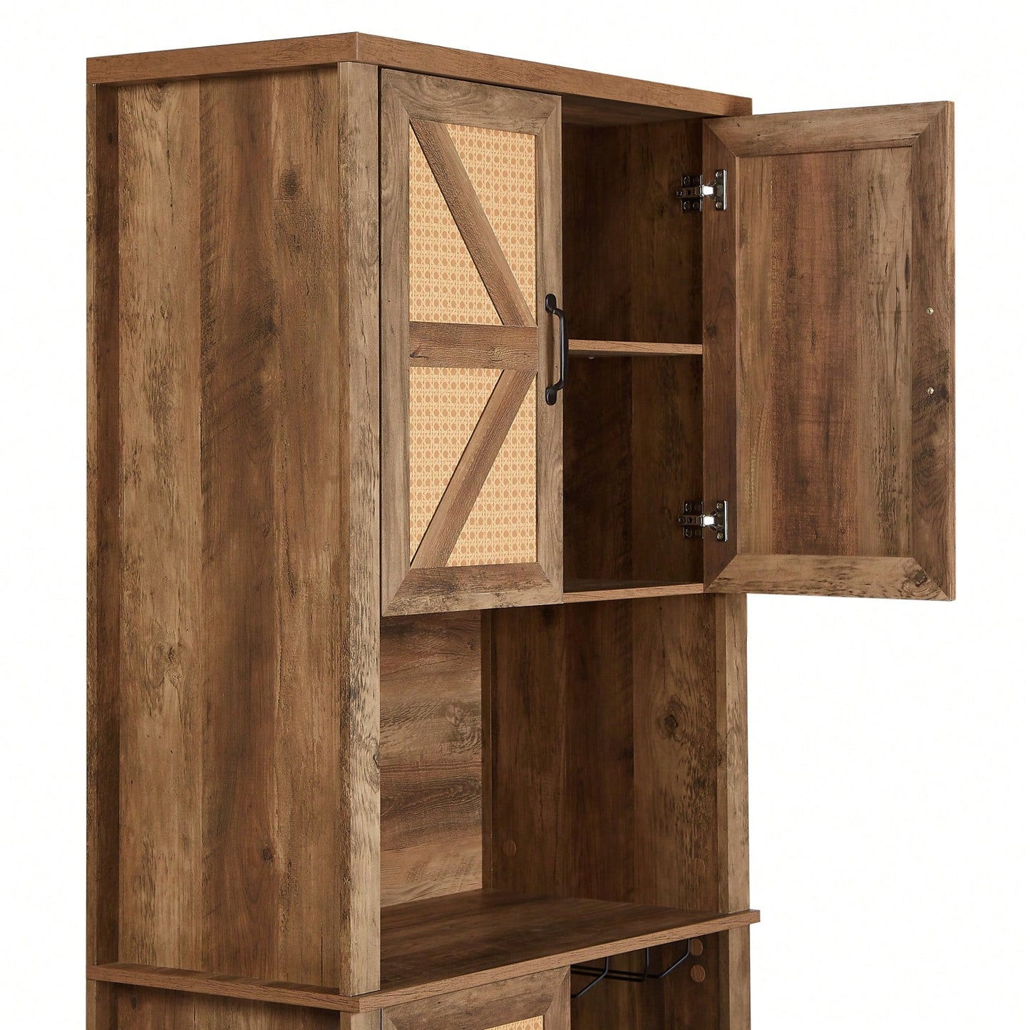 Farmhouse Style Faux Rattan Wine and Bar Cabinet with Barn Doors and Microwave Shelves