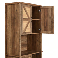 Farmhouse Style Faux Rattan Wine and Bar Cabinet with Barn Doors and Microwave Shelves