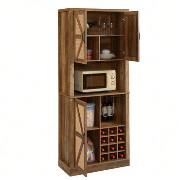 Farmhouse Style Faux Rattan Wine and Bar Cabinet with Barn Doors and Microwave Shelves