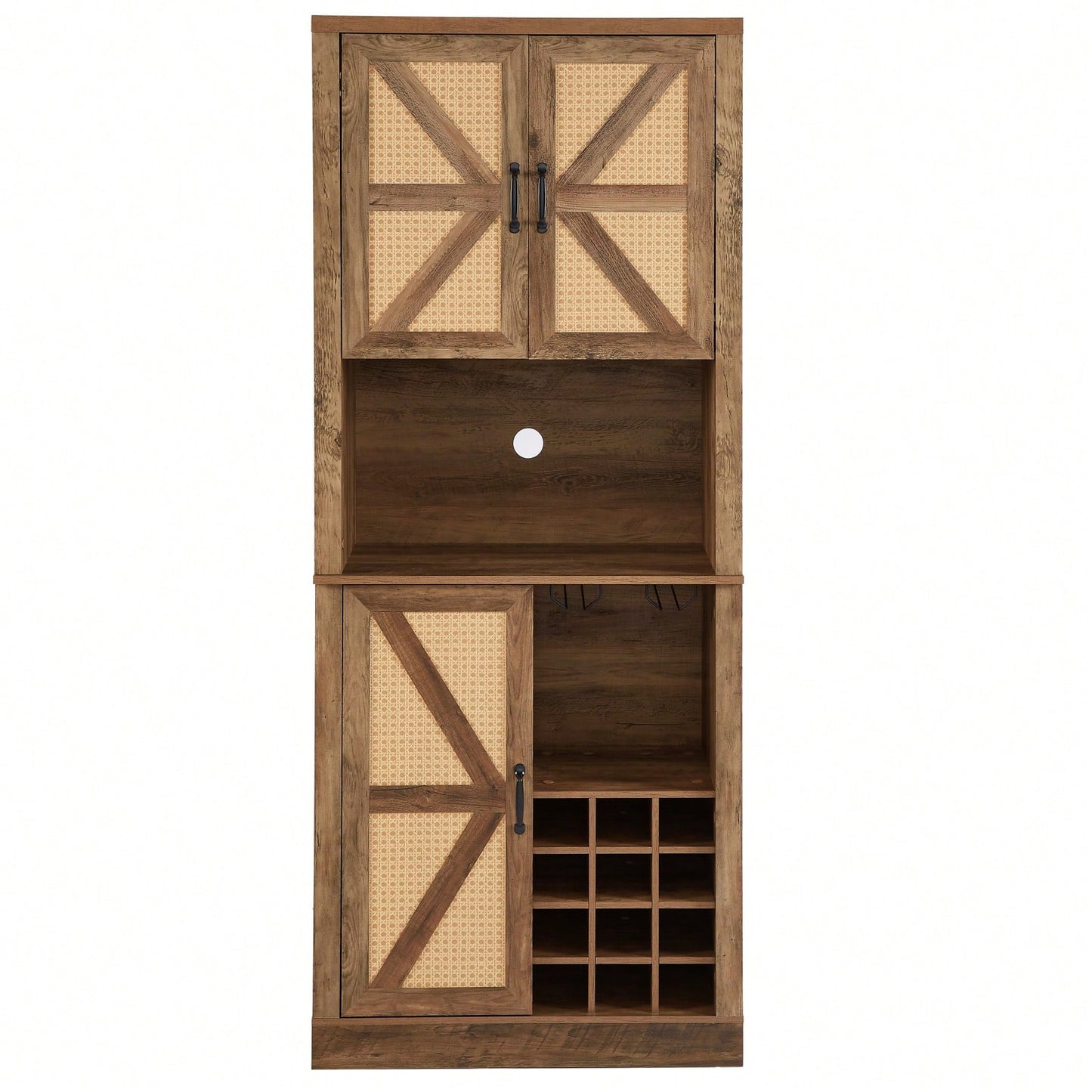 Farmhouse Style Faux Rattan Wine and Bar Cabinet with Barn Doors and Microwave Shelves