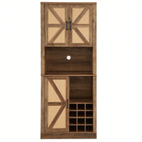 Farmhouse Style Faux Rattan Wine and Bar Cabinet with Barn Doors and Microwave Shelves