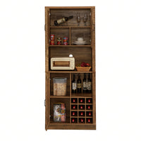 Farmhouse Style Faux Rattan Wine and Bar Cabinet with Barn Doors and Microwave Shelves