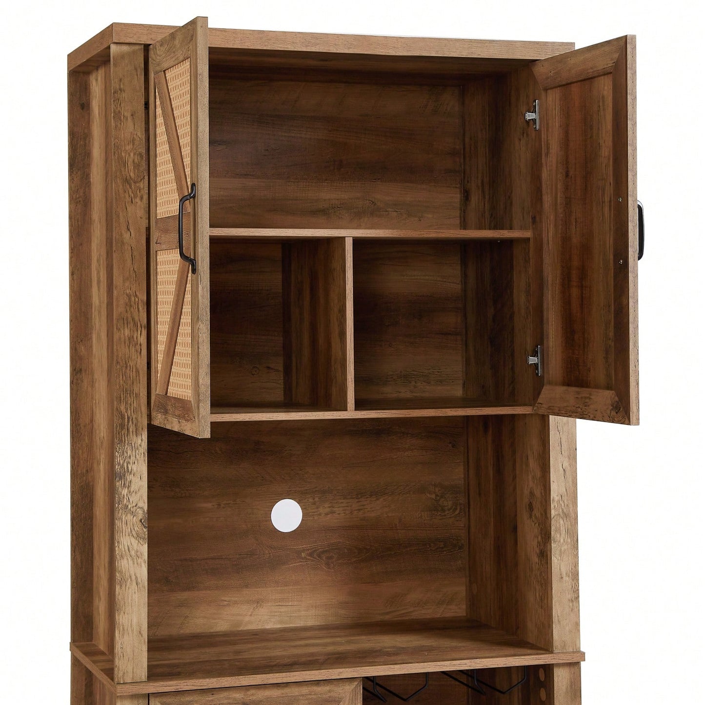 Farmhouse Style Faux Rattan Wine and Bar Cabinet with Barn Doors and Microwave Shelves
