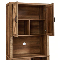 Farmhouse Style Faux Rattan Wine and Bar Cabinet with Barn Doors and Microwave Shelves