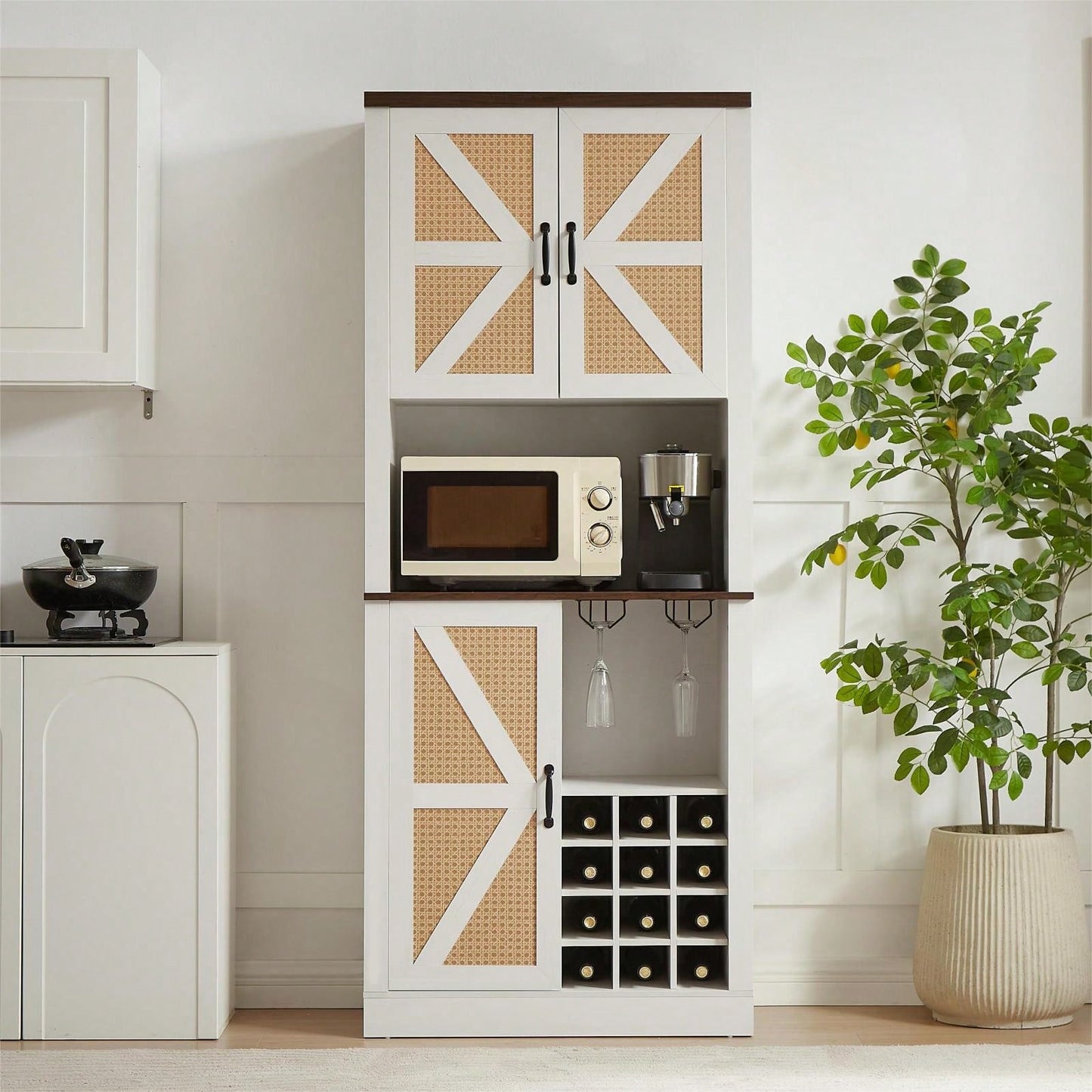 Farmhouse Style Faux Rattan Wine and Bar Cabinet with Barn Doors and Microwave Shelves