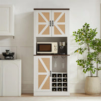 Farmhouse Style Faux Rattan Wine and Bar Cabinet with Barn Doors and Microwave Shelves
