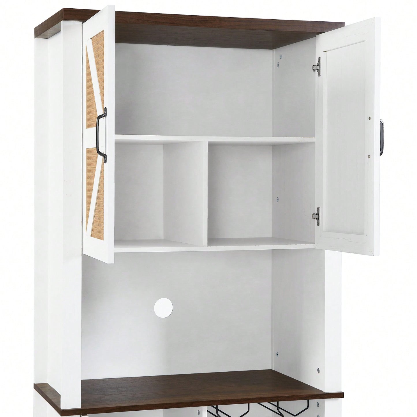 Farmhouse Style Faux Rattan Wine and Bar Cabinet with Barn Doors and Microwave Shelves