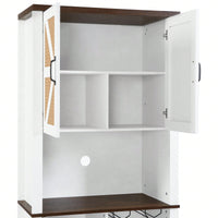 Farmhouse Style Faux Rattan Wine and Bar Cabinet with Barn Doors and Microwave Shelves