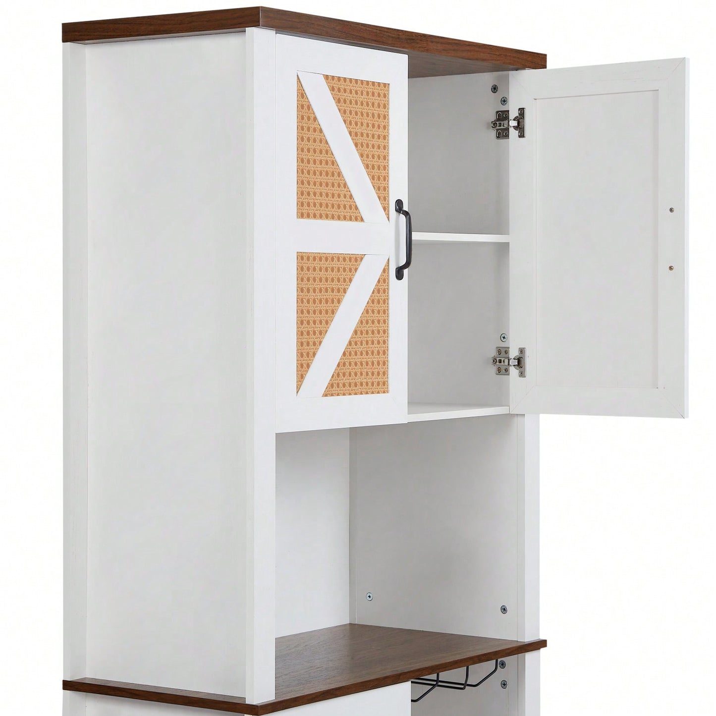 Farmhouse Style Faux Rattan Wine and Bar Cabinet with Barn Doors and Microwave Shelves