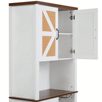 Farmhouse Style Faux Rattan Wine and Bar Cabinet with Barn Doors and Microwave Shelves