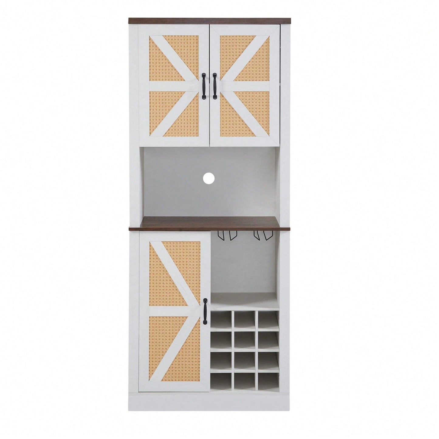Farmhouse Style Faux Rattan Wine and Bar Cabinet with Barn Doors and Microwave Shelves