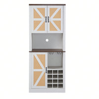 Farmhouse Style Faux Rattan Wine and Bar Cabinet with Barn Doors and Microwave Shelves