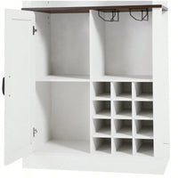 Farmhouse Style Faux Rattan Wine and Bar Cabinet with Barn Doors and Microwave Shelves