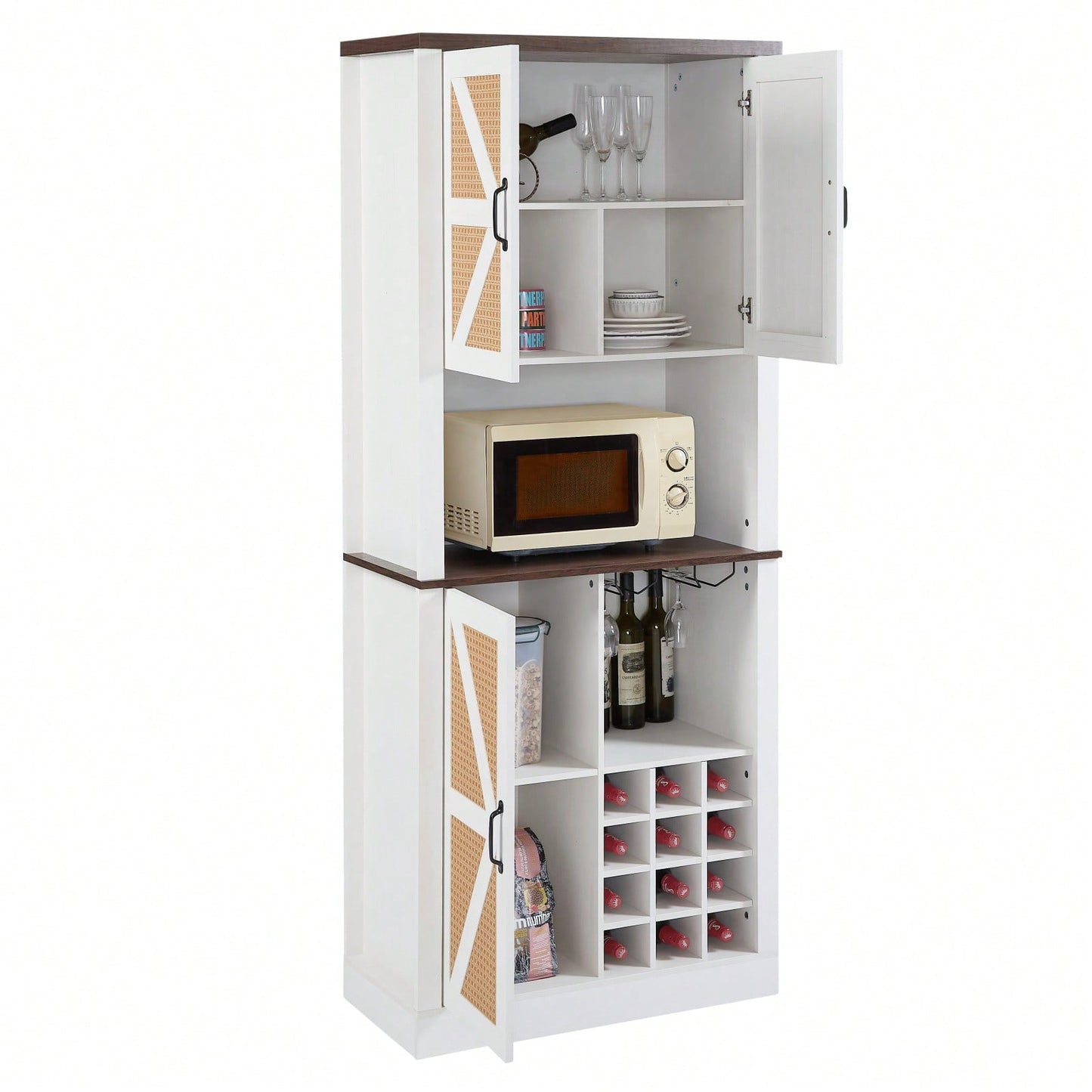 Farmhouse Style Faux Rattan Wine and Bar Cabinet with Barn Doors and Microwave Shelves