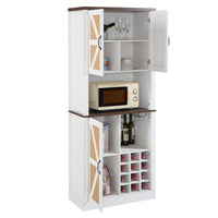 Farmhouse Style Faux Rattan Wine and Bar Cabinet with Barn Doors and Microwave Shelves