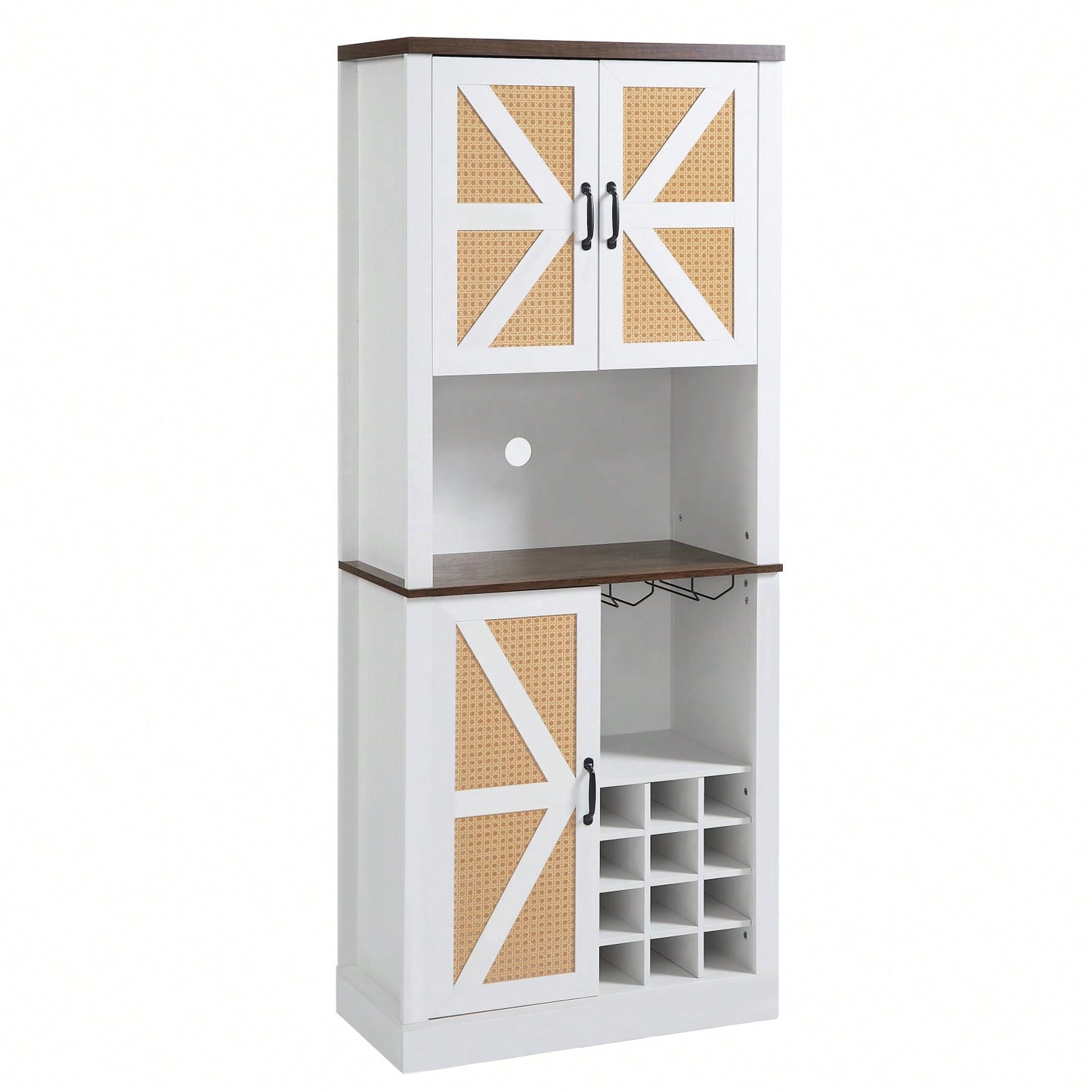 Farmhouse Style Faux Rattan Wine and Bar Cabinet with Barn Doors and Microwave Shelves