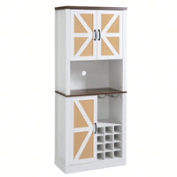Farmhouse Style Faux Rattan Wine and Bar Cabinet with Barn Doors and Microwave Shelves