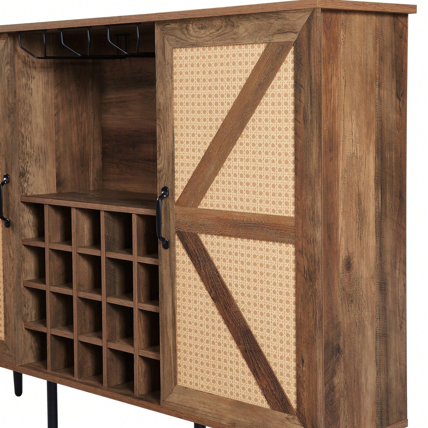 Rustic Faux Rattan Barn Door Wine Cabinet with Removable Shelves and Glass Rack