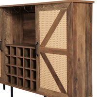 Rustic Faux Rattan Barn Door Wine Cabinet with Removable Shelves and Glass Rack