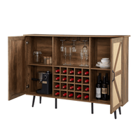 Rustic Faux Rattan Barn Door Wine Cabinet with Removable Shelves and Glass Rack