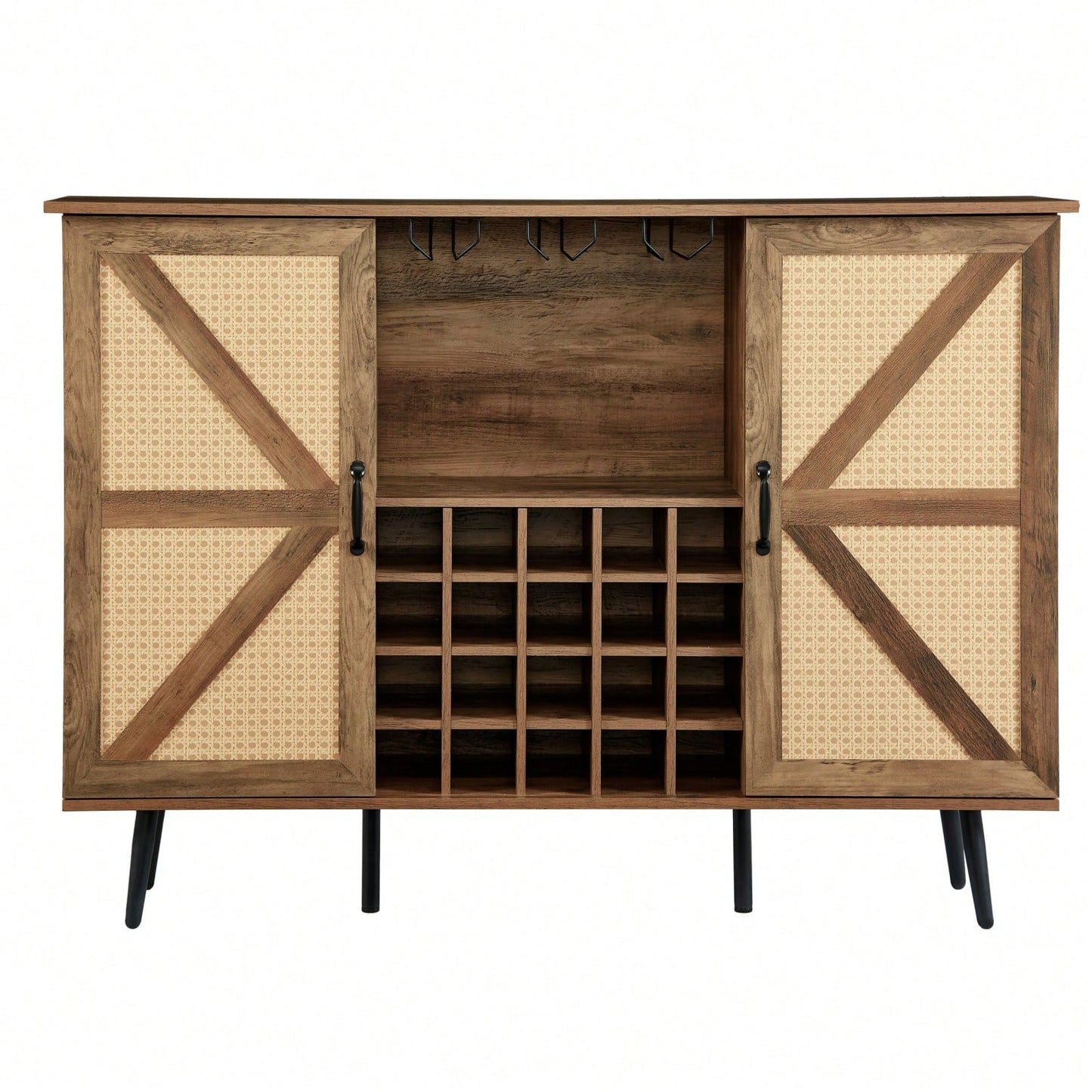 Rustic Faux Rattan Barn Door Wine Cabinet with Removable Shelves and Glass Rack