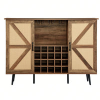 Rustic Faux Rattan Barn Door Wine Cabinet with Removable Shelves and Glass Rack