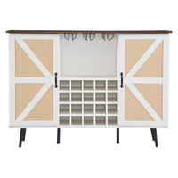 Rustic Faux Rattan Barn Door Wine Cabinet with Removable Shelves and Glass Rack