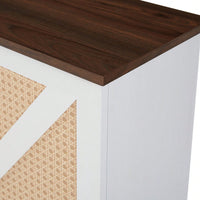 Rustic Faux Rattan Barn Door Wine Cabinet with Removable Shelves and Glass Rack