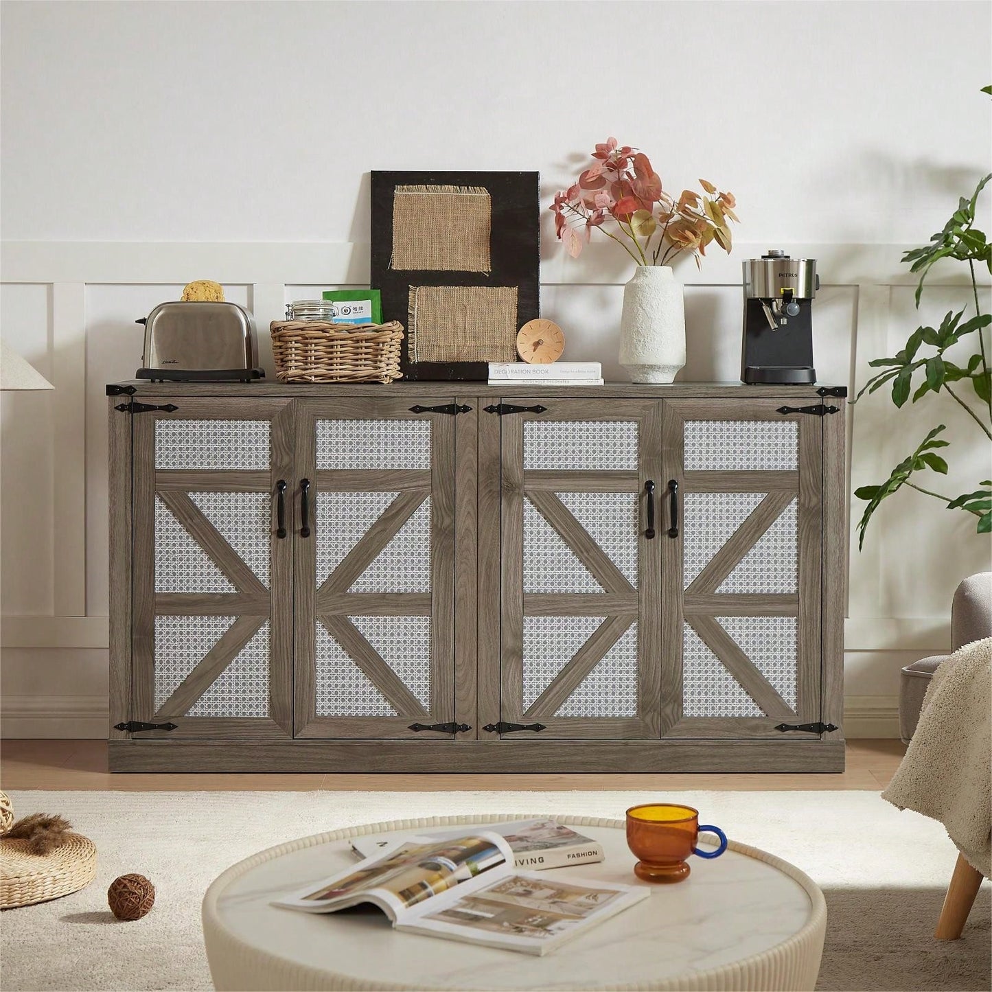 65" Sideboard With Barn Doors, Large Storage Cabinet For Living Room, Entryway, Dining Room, Bedroom