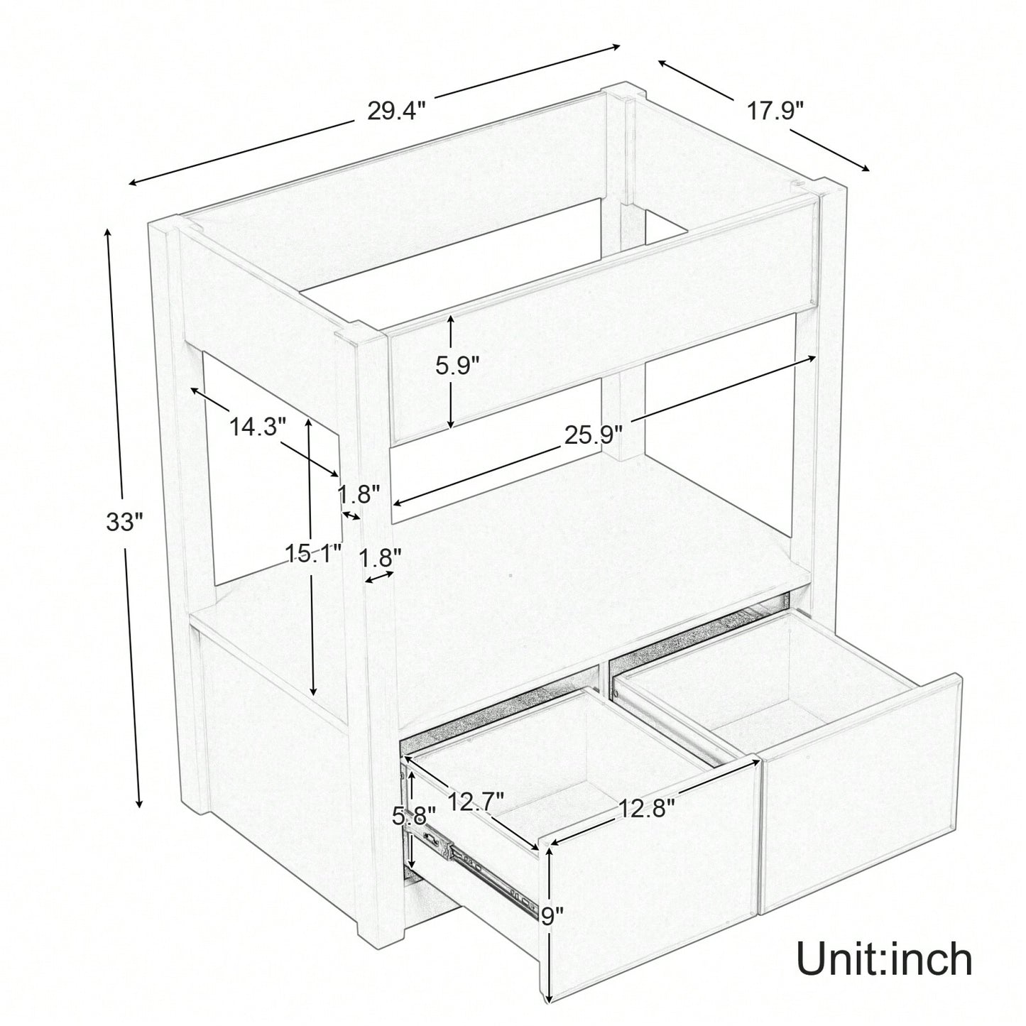 30" Bathroom Vanity Without Sink Top, Cabinet Base Only, Open Storage Shelf And Two Drawers