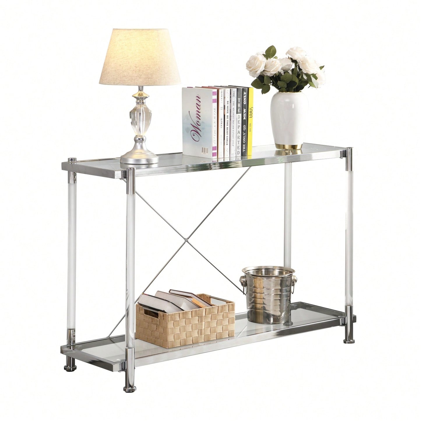 43.31'' Chrome Glass Sofa Table, Acrylic Side Table, Console Table For Living Room& Bedroom